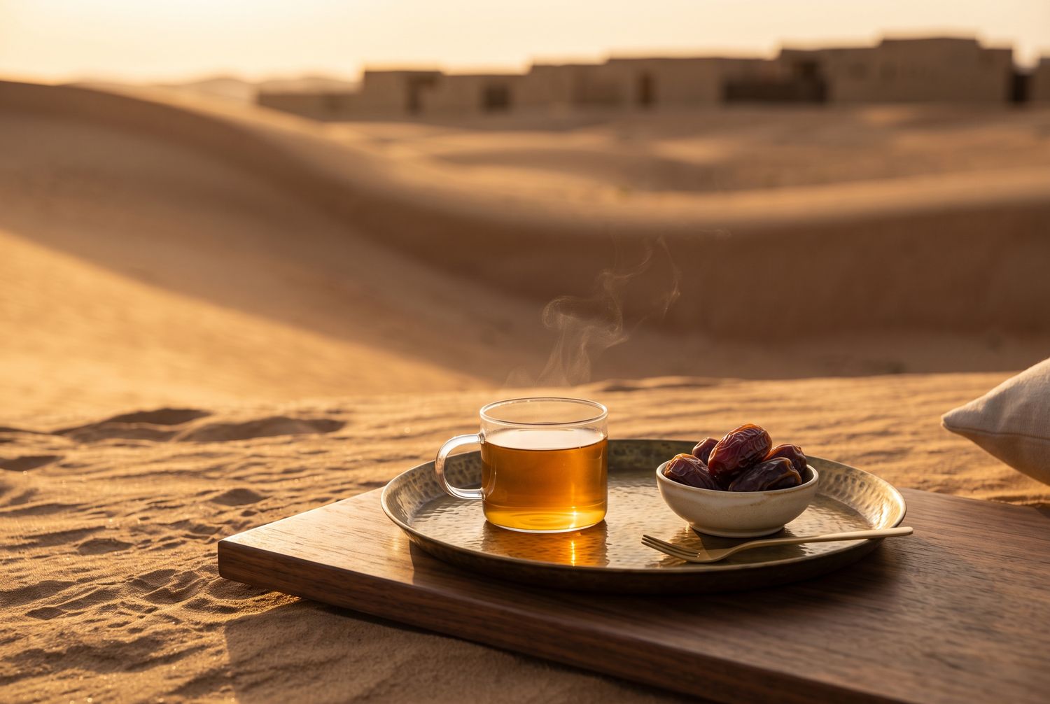 A traditional tea setting with dates and amber tea