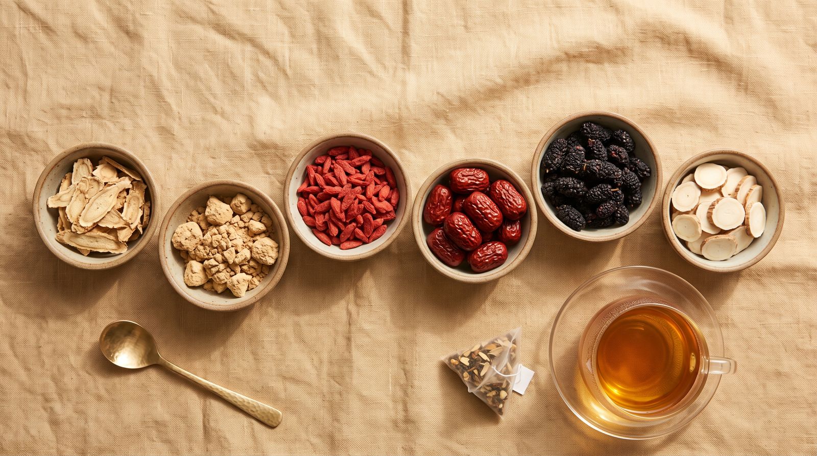 Six ingredients in bowls